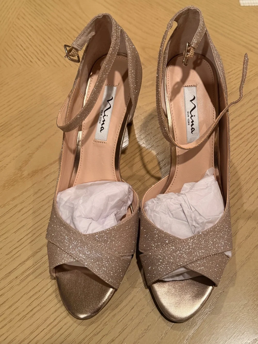Nina NY Rose Gold Glitter Platform Peep Toe Stiletto Heels